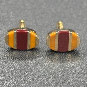 Striped Gold Tone Oval Cufflinks with Bold Wine and Amber Insets